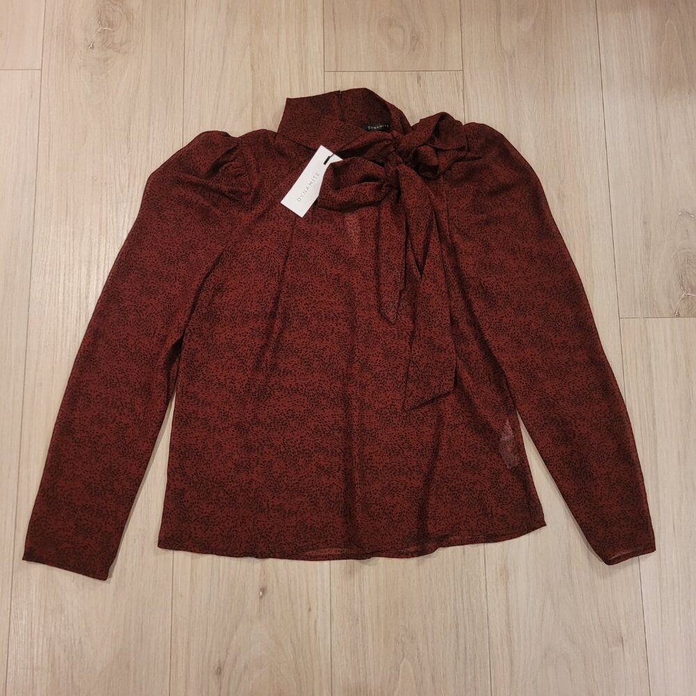 NWT DYNAMITE | Kaia Mock Neck Blouse w/ Bow Long Sleeve Top | Sz. S - Picture 6 of 13
